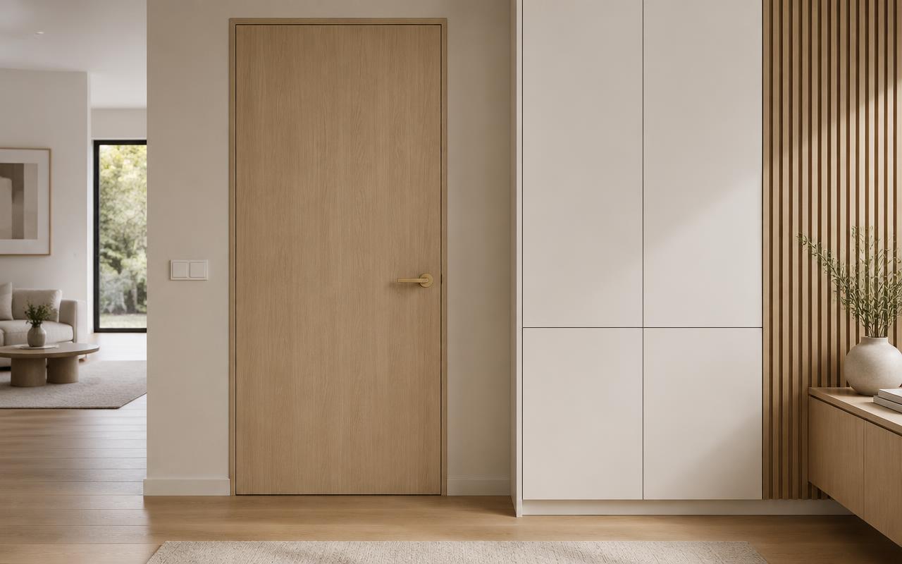 Flush light oak interior door with a slim brass handle beside white fitted cabinetry and a slatted oak accent