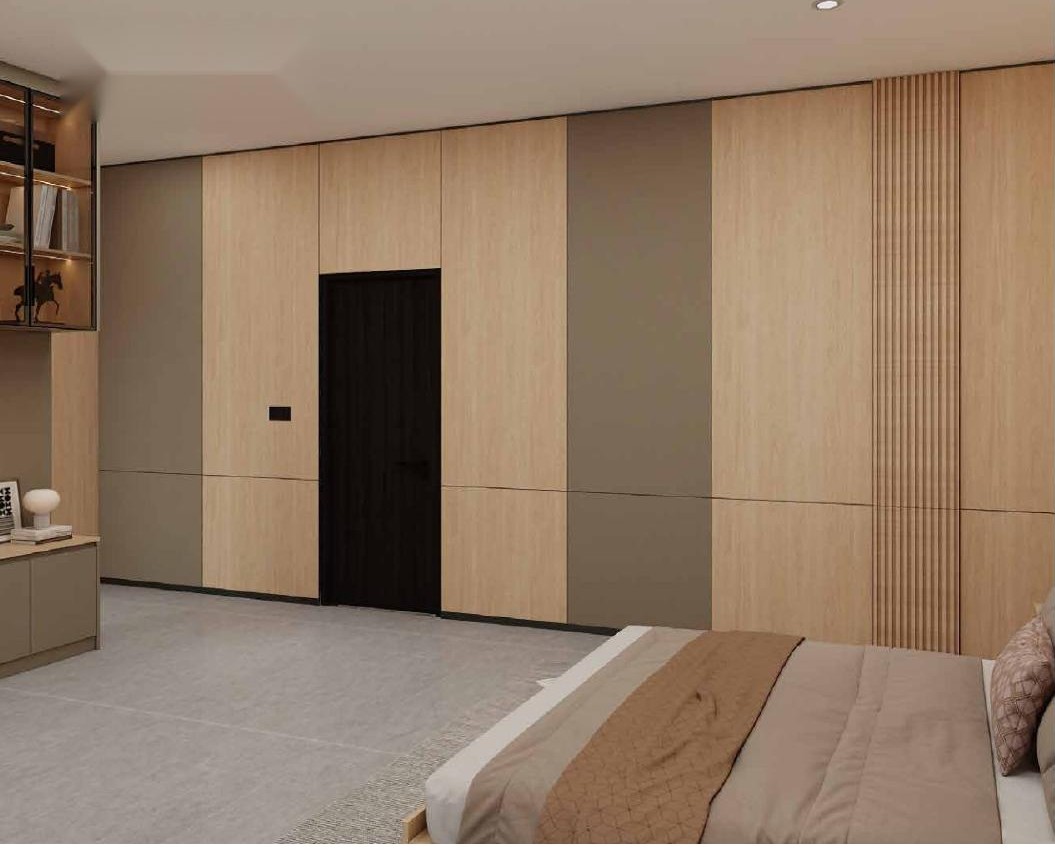Bedroom feature wall in light oak and taupe wall panels with a slatted accent