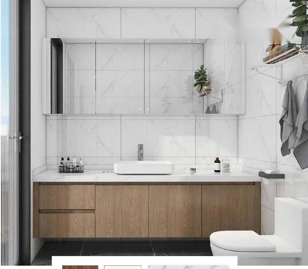 Wood-grain bathroom vanity with white countertop and mirrored cabinet