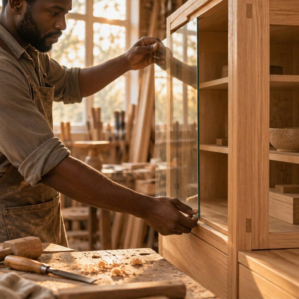 A craftsman fitting a glass panel into a light-oak cabinet in the Prism And Ply workshop